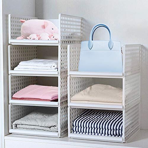 Wardrobe Storage Box ,4-Pack Plastic Wardrobe Organizer Stackable Detachable Baskets Closet Containers Bin Cubes Organiser, Home Office Bedroom L